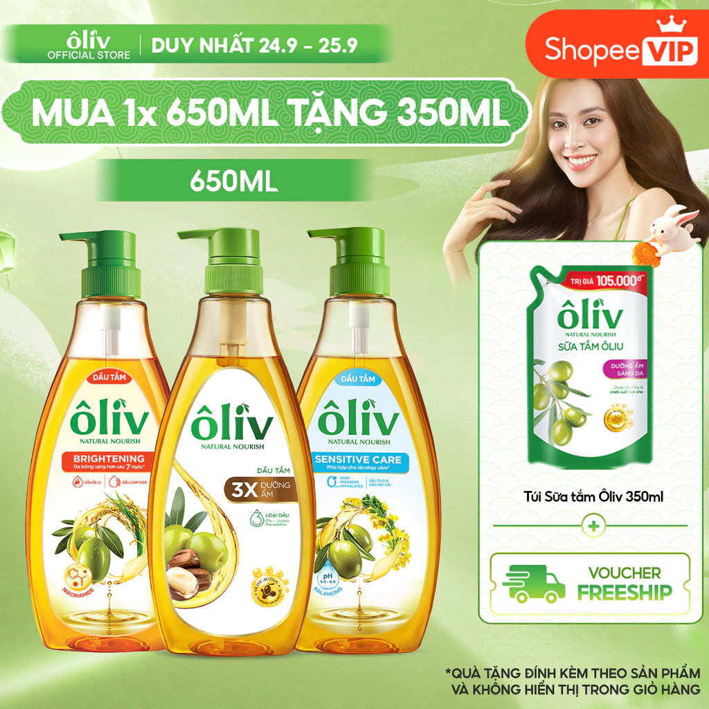 [VOUCHER SVIP 20%] [MUA 1 TẶNG 1] Dầu tắm Ôliv 650ML Tặng Túi Sữa Tắm Ôliv Dưỡng Ẩm Sáng Da 350ML