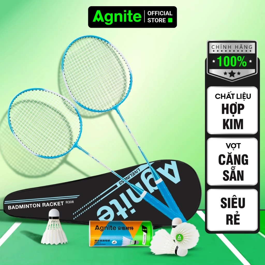 [TẶNG QUÀ] Bộ 2 vợt cầu lông giá rẻ chính hãng Agnite, bền, nhẹ, tặng kèm túi vợt và quả cầu lông