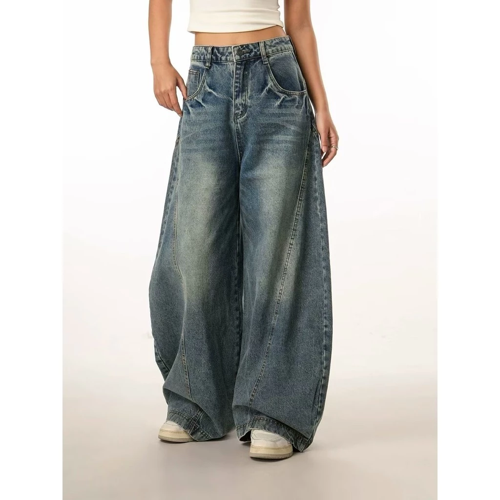 Quần jean baggy nam nữ ống loe phong cách đường phố Form bigsize ống suông phong cách American retro Chất liệu denim rửa bạc unisex