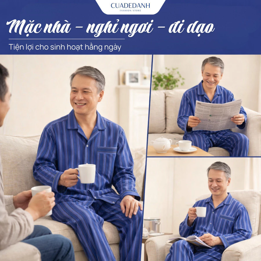 Bộ Pijama Dài Tay Nam Trung Niên - Đồ Ngủ Vải Kate Kẻ Sọc Thoáng Mát Mặc Nhà B78298