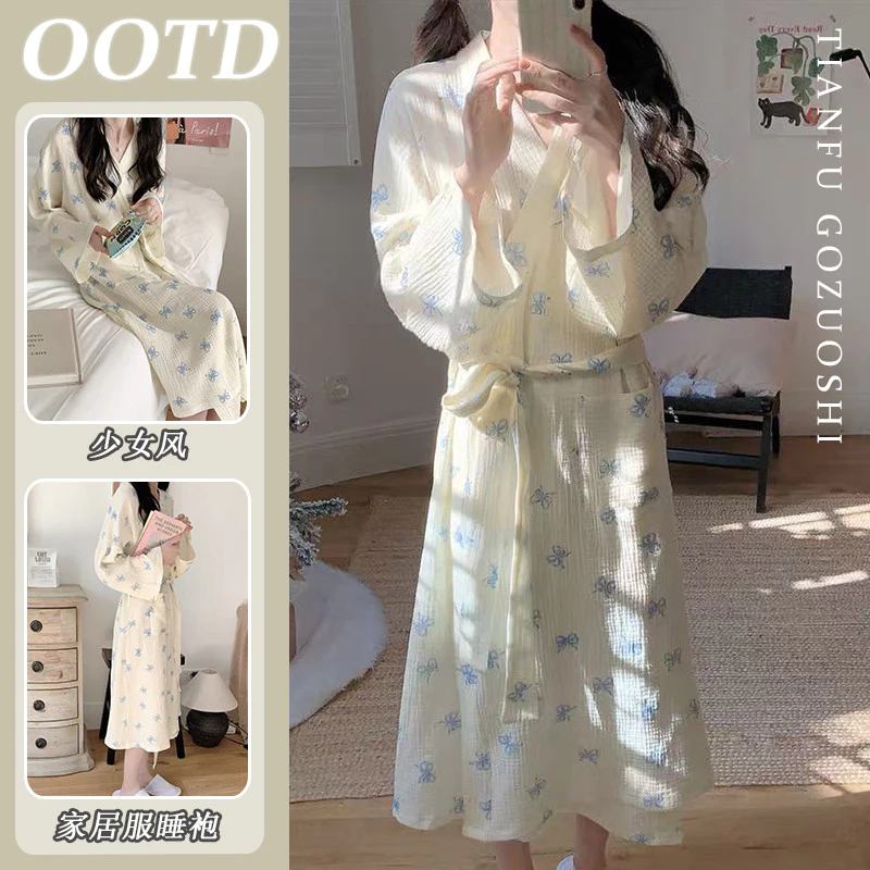 Áo choàng dài tay nơ Cotton rộng rãi Đồ ngủ ngọt ngào dành cho nữ