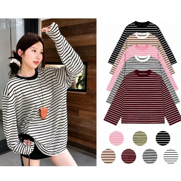 Áo Thun Nữ Kẻ Sọc Ngang Tay Dài Form Rộng, Áo Phông Oversize Cổ Tròn Mặc Đi Học Đi Chơi Phong Cách Hàn Quốc Hot Trend