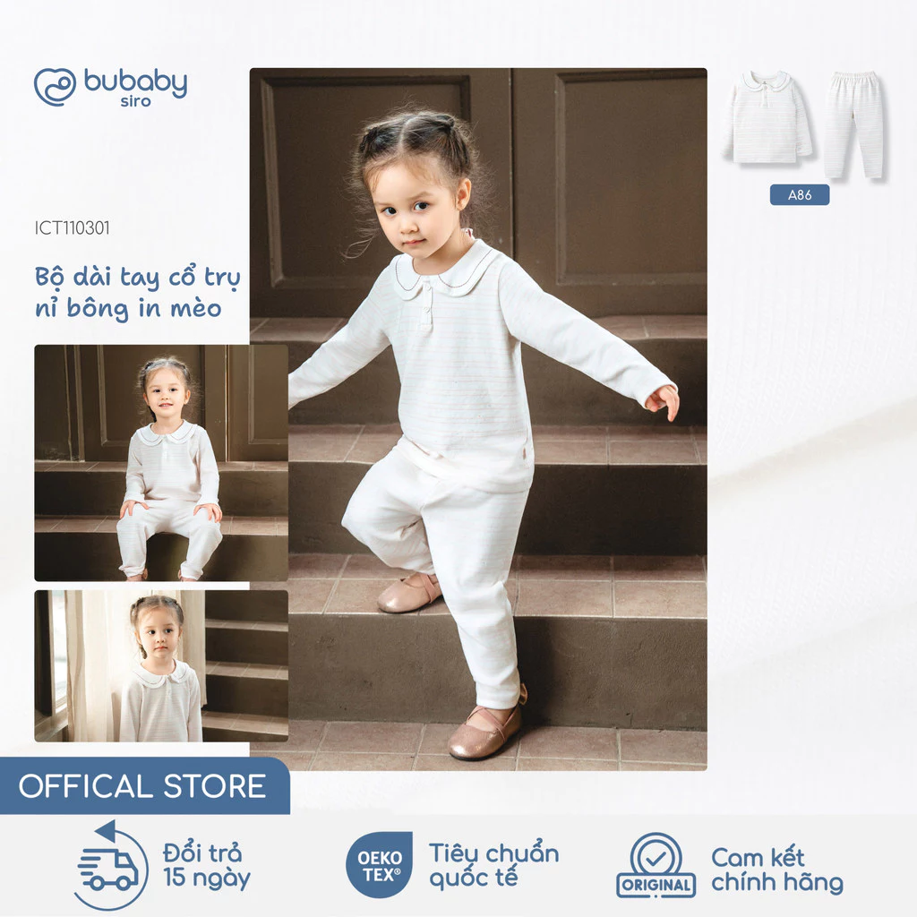 Bộ quần áo dài tay nỉ bông in Mèo BU Baby, bộ thu đông mềm mịn ấm áp cho bé trai bé gái | ICT110301