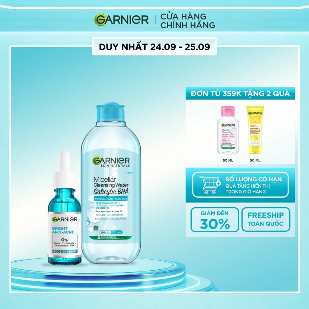 Bộ đôi dưỡng chất và nước tẩy trang làm sạch sâu, giảm mụn Garnier (mới)