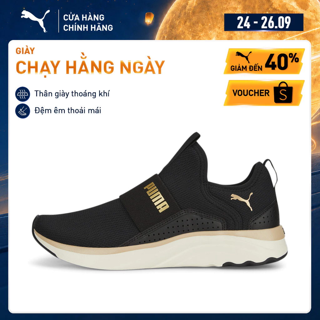 Giày Chạy Bộ PUMA Nữ Softride Sophia Slip-On Wn's Black-Gold-Warm White Màu Đen