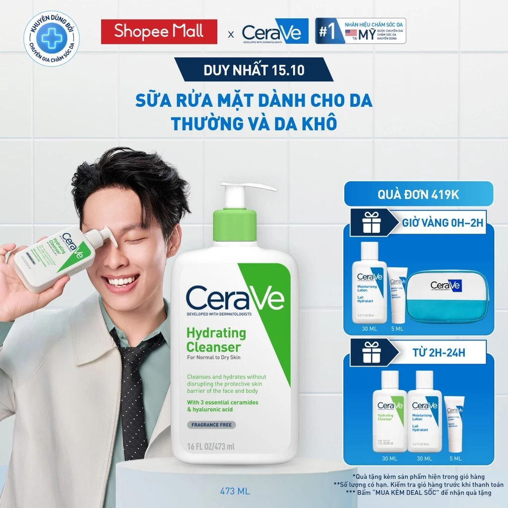 Sữa rửa mặt giúp làm sạch sâu dành cho da thường và da khô Cerave Hydrating Cleanser 473ML