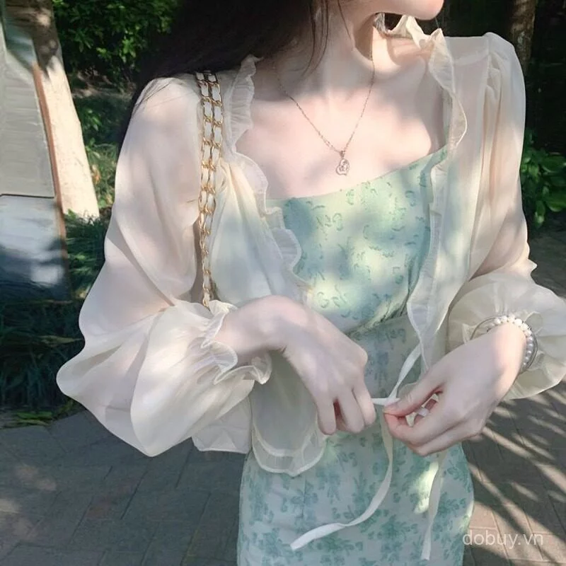 Giao hàng nội địa từ Việt Nam Phụ Nữ Cổ Chữ V Sheer Voan Chống Nắng Cardigan Ruffle Viền Puff Flare Dài Tay Dây Buộc Phía Trước UV Khối Shrug Che Phủ
