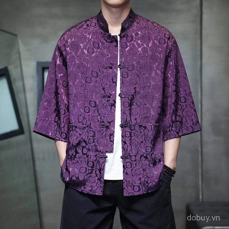 Áo sơ mi nam hoa hồng tím Jacquard Tang, Nút ếch cổ Mandarin Ba phần tư tay áo phương Đông thường ngày với túi vá đôi
