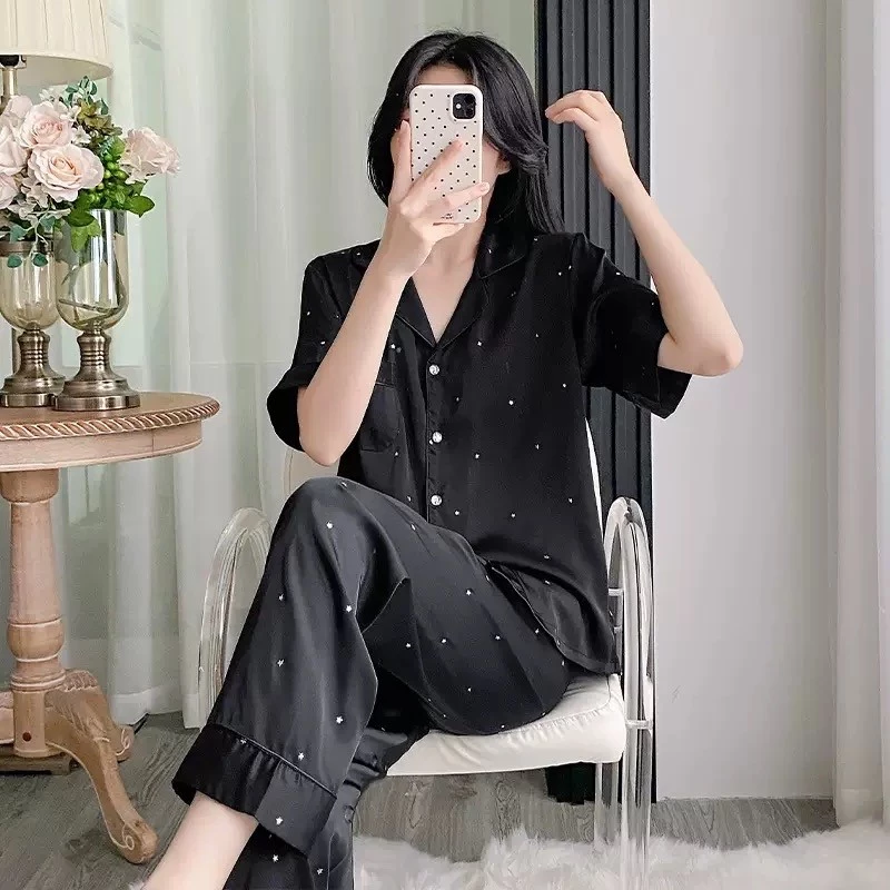 Pijama Satin Nữ Họa Tiết Sao - Bộ Ngủ Màu Đen Trắng Sang Trọng Mềm Mịn Mặc Nhà Hè B65652