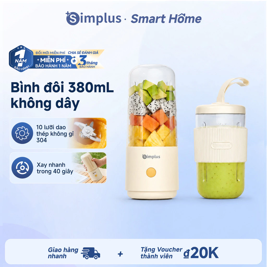 Simplus Cốc xay cầm tay, Cốc xay không dây, 2 cốc, Cốc du lịch hiện đại dẽ mang theo, Dung tích lớn 380mL ZZJH012