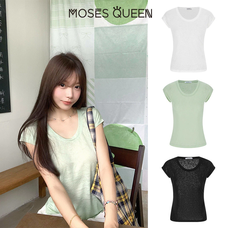 MOESSQUEEN Hàn Quốc Bán Sheer Pure Gợi Cảm Vai Trước Tay Ngắn, Mùa Hè Nhẹ Định Hình Mỏng Đơn Giản Áo Sơ Mi Mới #63703