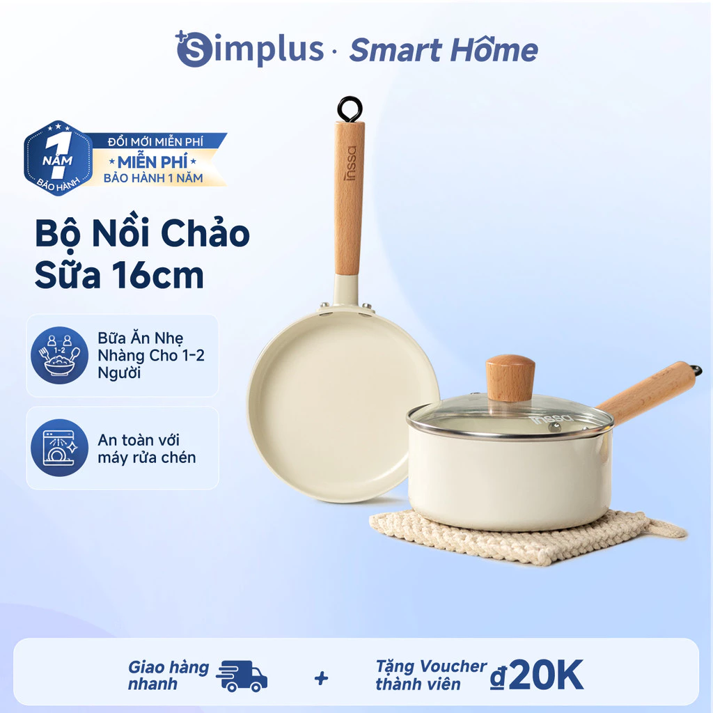 Simplus Bộ Nồi Chảo Chống Dính Gốm Sứ Chảo Chiên 16cm Nồi Sữa 16cm Nắp Kính Không PTFE Dẫn Nhiệt Vượt Trộ GUOJ042-V