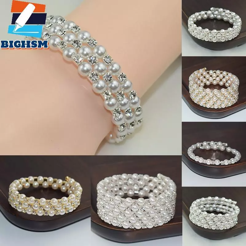 [BIGHSM] Vòng tay ngọc trai giả pha lê thanh lịch Vòng tay ngọc trai co giãn nhiều lớp dành cho nữ Quà tặng trang sức cô dâu