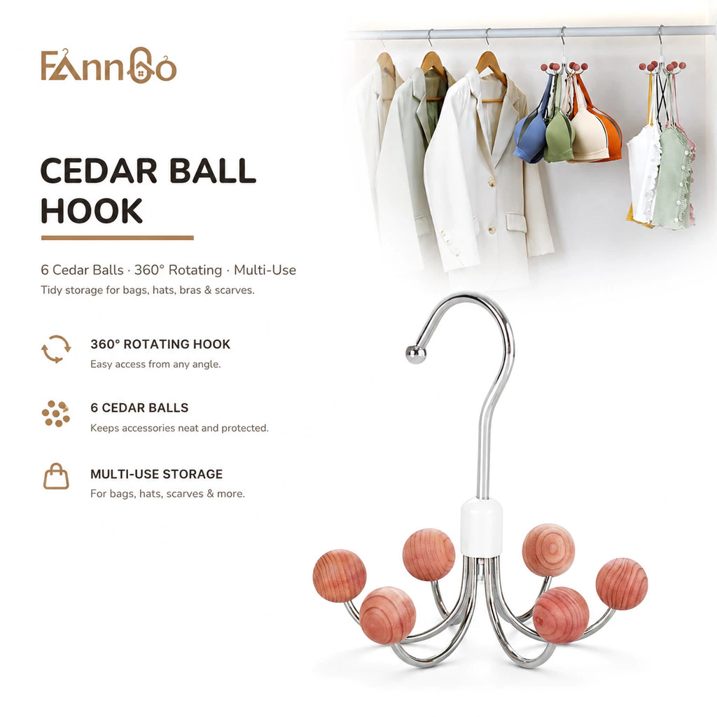 FannGo Móc Treo Quần Áo 6 Trụ Xoay 360° (1 Bộ) Bề Mặt Gỗ, Dùng Cho Quần Áo, Nón, Khăn Quàng Cổ, Phù Hợp Với Phòng Ngủ, Tủ Quần Áo