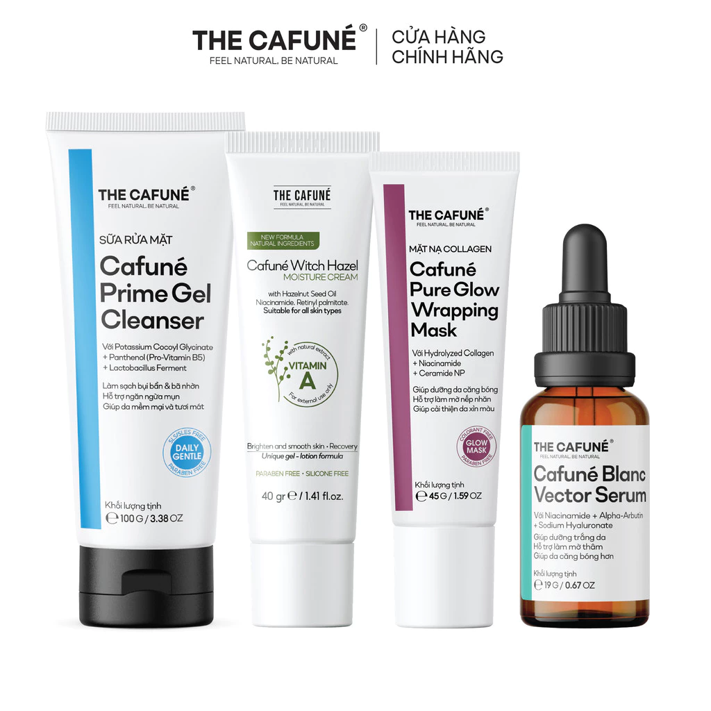 [COMBO GIẢM 43%] Combo 4 Bước Dưỡng Trắng Cafuné: Rửa Mặt Prime + Mặt Nạ Lột + Serum Trắng + Kem Dưỡng Ẩm