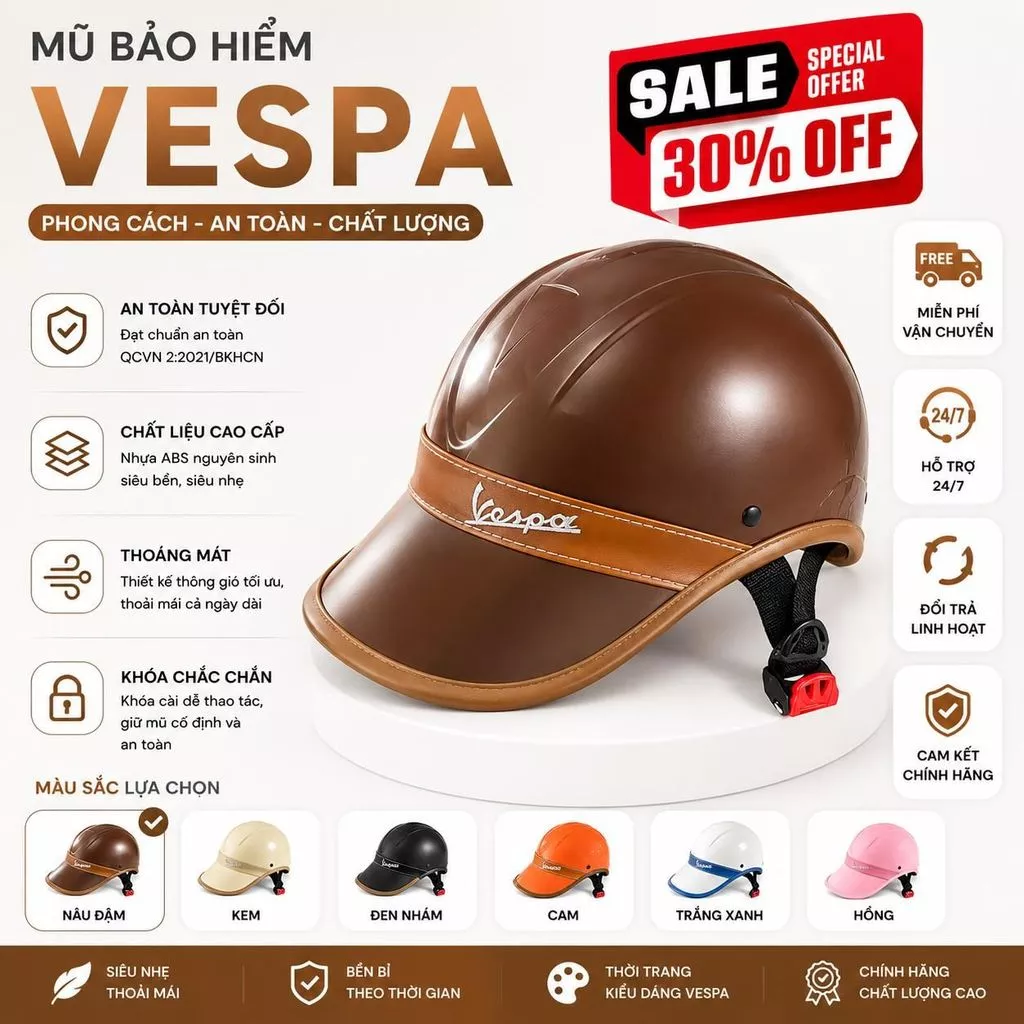 Nón bảo hiểm Vespa cao cấp - Mũ thời trang, an toàn cho nam nữ, cá tính và sang trọng.
