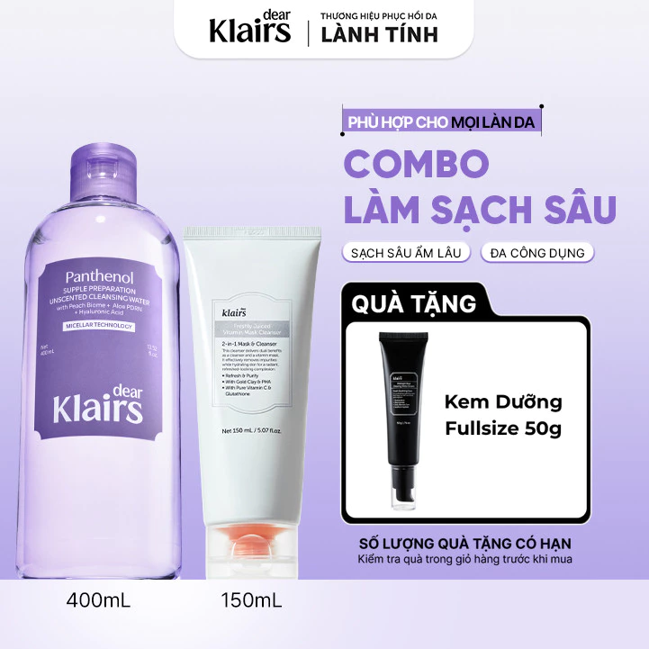 Combo Nước tẩy trang Dear, Klairs 400ml + Sữa rửa mặt Vitamin Mask Cleanser 150ml [FS]