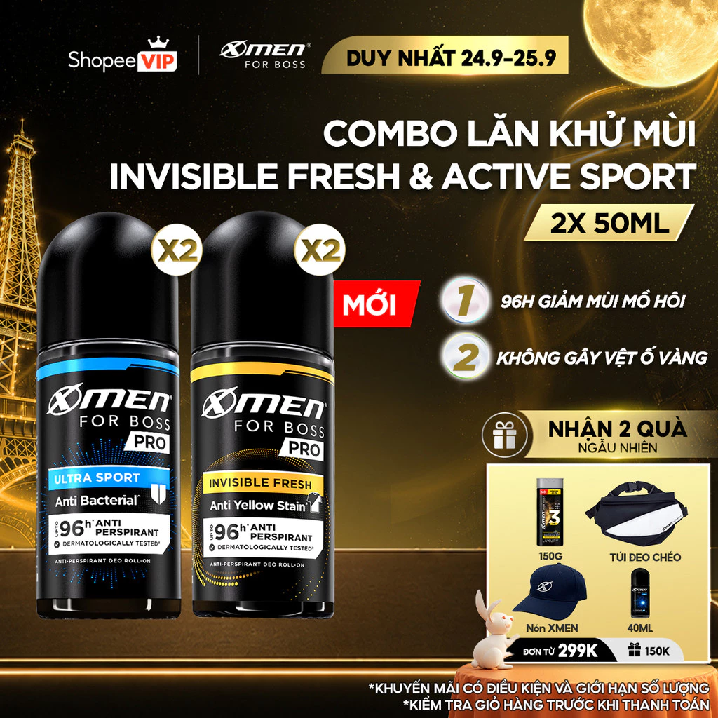 [SVIP] [MỚI] Combo 2 Lăn Khử Mùi Xmen for Boss PRO 50ml/chai Invisible Fresh & Ultra Sport, 96H Giảm Mùi Mồ Hôi & Vệt Ố