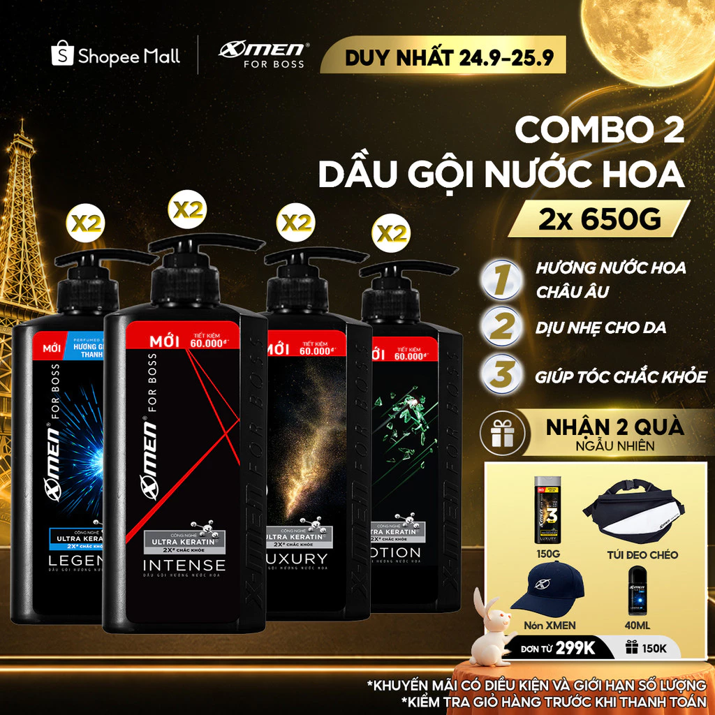 Combo 2 Dầu Gội Nam XMen for Boss 650g/chai Hương Nước Hoa Châu Âu-4 Mùi Hương Sang Trọng