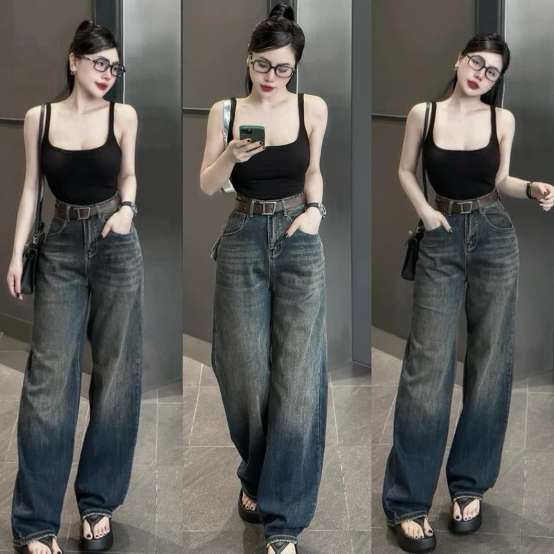 (S-2Xl)HHCHOU-Quần Jeans Suông Trơn Màu Đậm Có Phủ Dơ Vải Qc mềm  H3344