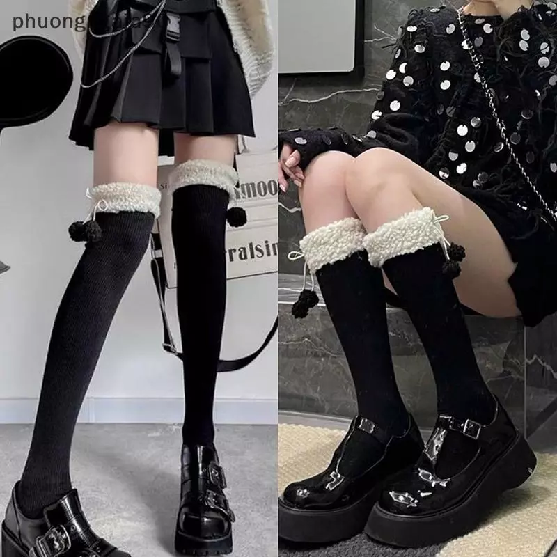Dễ Thương sang trọng bóng cô gái Vớ ống cao rắn màu JK vớ len cừu trên đầu gối vớ chân mùa đông ấm dài vớ