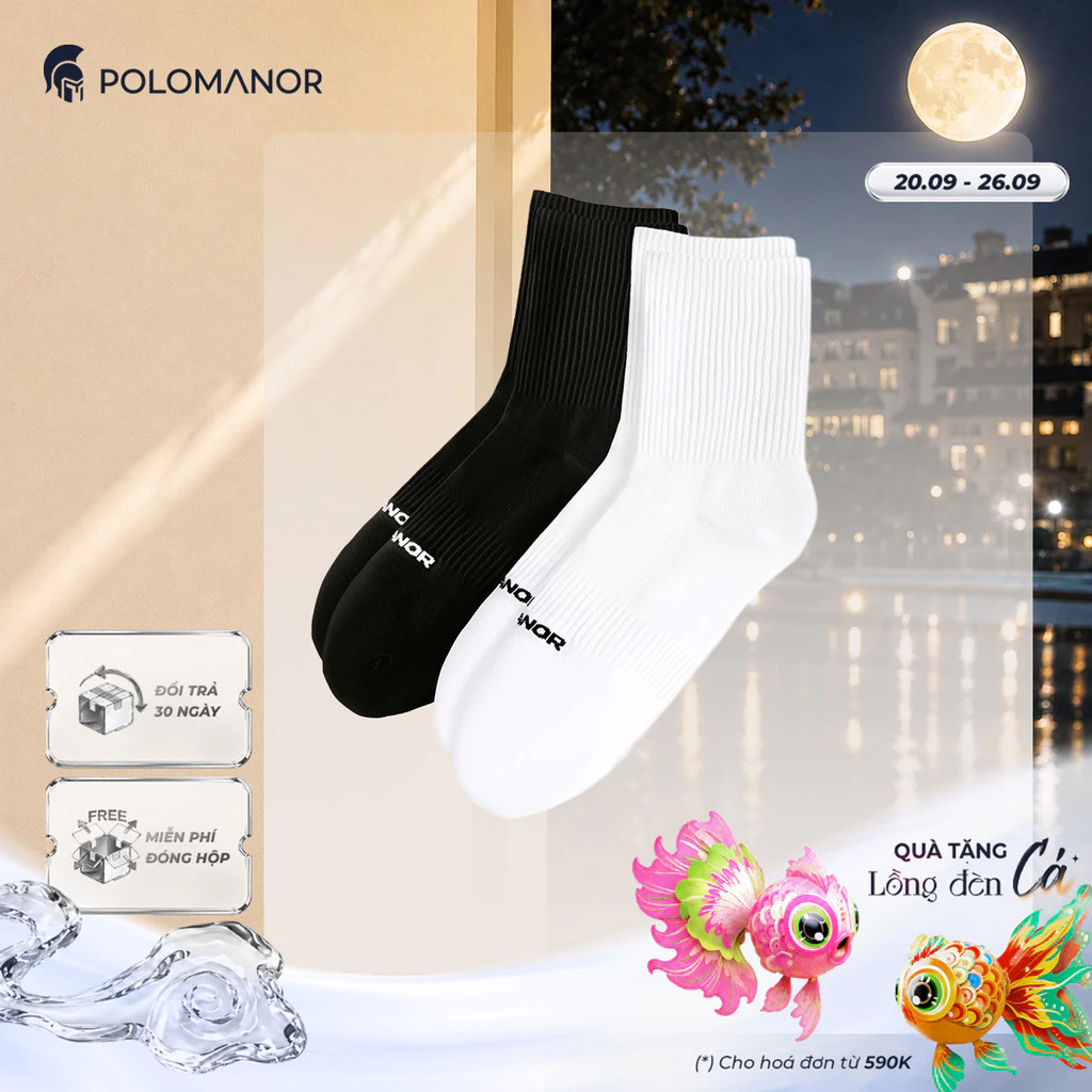 Vớ cổ cao nam nữ trắng đen, Cotton tự nhiên thoáng khí, kháng khuẩn ngăn mùi - POLOMANOR