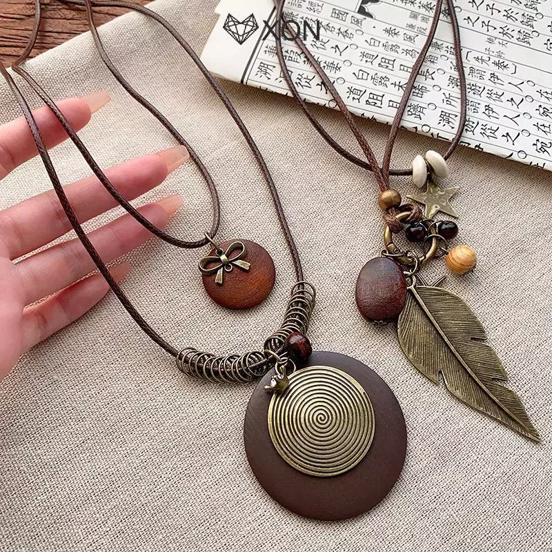 [XON] Vintage Boho Kim Loại Lông Vũ Nelace Dành Cho Nữ Cổ Dài Dây Xích Mặt Dây Chuyền Handmade Tuyên Bố Lớp Trang Sức Phụ Kiện [Mina]