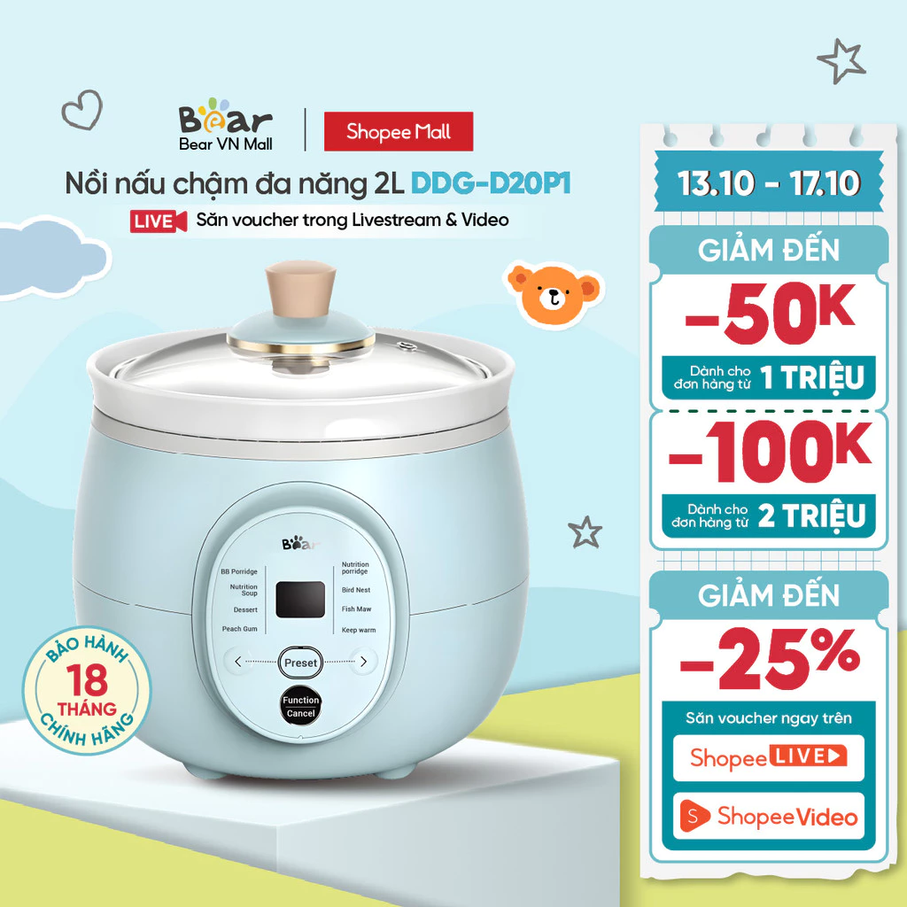 Nồi nấu chậm đa năng 2L Bear DDG-D20P1 - Chính hãng - Bảo hành 18 tháng