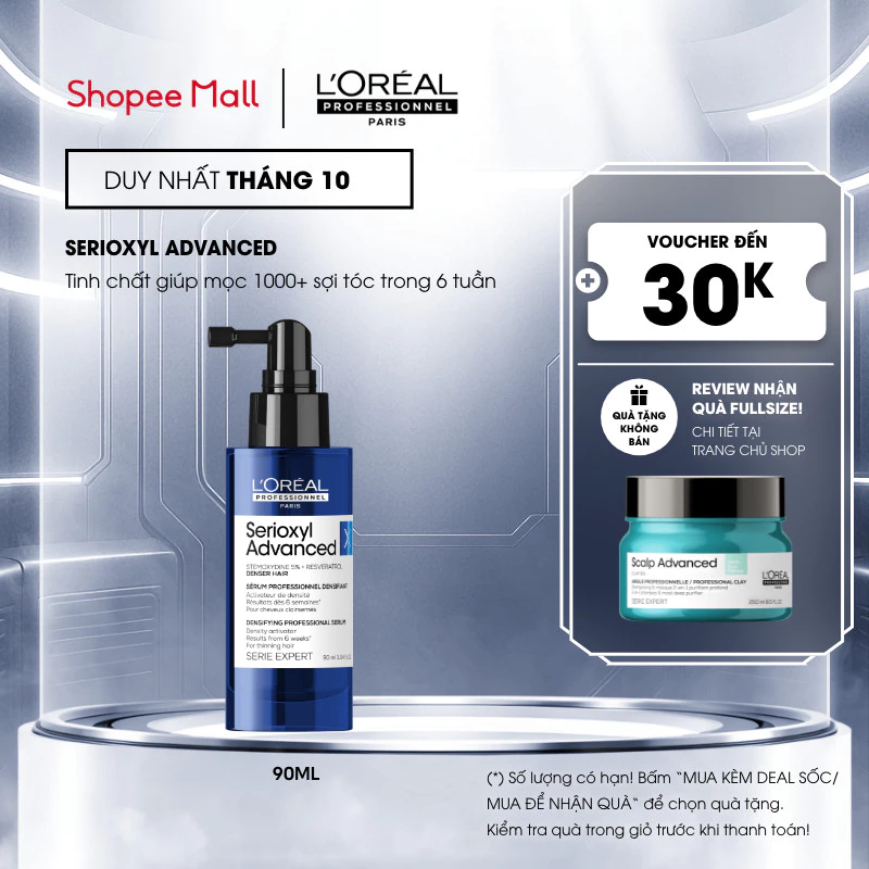 Tinh chất xịt mọc tóc - làm dày tóc chuyên nghiệp L'Oréal Professionnel Serioxyl Advanced 90ml - Dành cho tóc thưa, mảnh