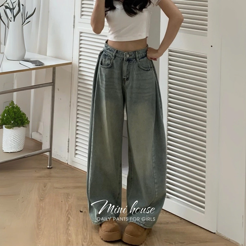 𝐌𝐈𝐍𝐈 𝐇𝐎𝐔𝐒𝐄 - Quần jeans nữ ống rộng phối line nhúm phần hông tôn dáng che khuyết điểm MINI03