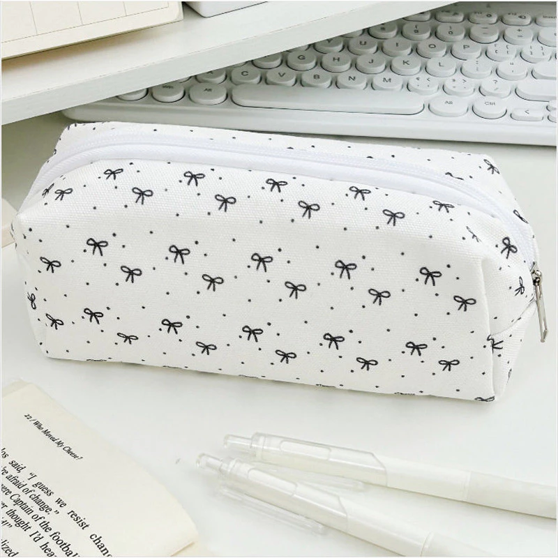 Túi Đựng Bút Dung Tích Lớn, Hộp Đựng Bút Vải Canvas Mềm Mại Họa Tiết Nơ Đáng Yêu Phù Hợp Làm Quà Tặng Cho Bạn Bè