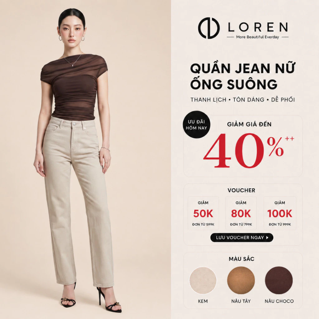 LOREN - Quần Jean Nữ Ống Suông Form Đẹp Lưng Cao Hack Dáng PT11139