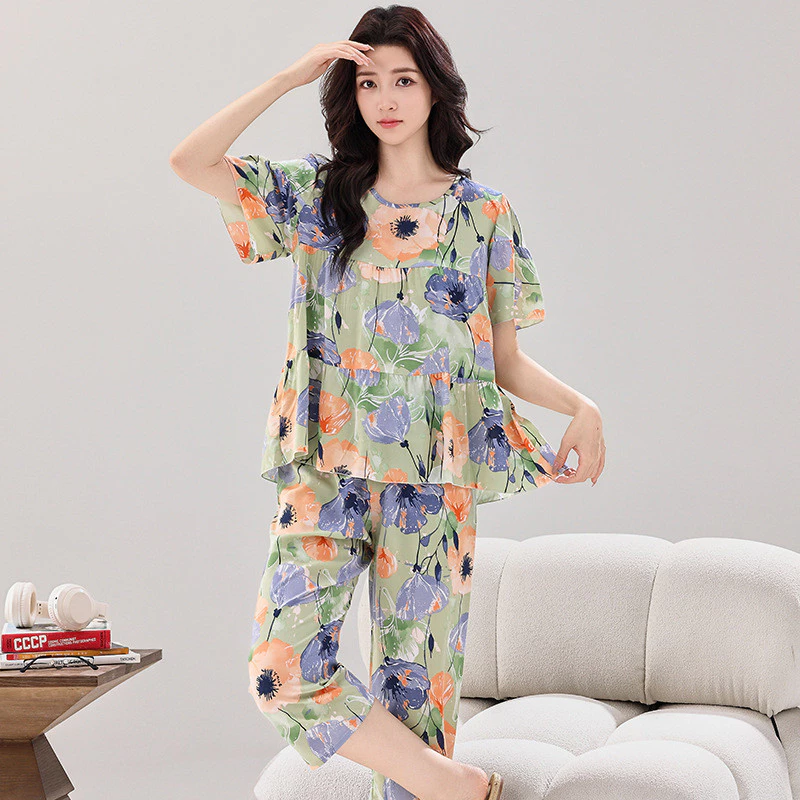 Bộ Đồ Ngủ Nữ Cotton Lụa Mùa Hè Ánh Sáng Thoải Mái Tốt Có Thể Thở Ngắn Tay Crop Quần Bộ Đồ Ngủ Bộ 2 Món Có Thể Mặc Bên Ngoài Đồ Gia Đình Dễ Thương