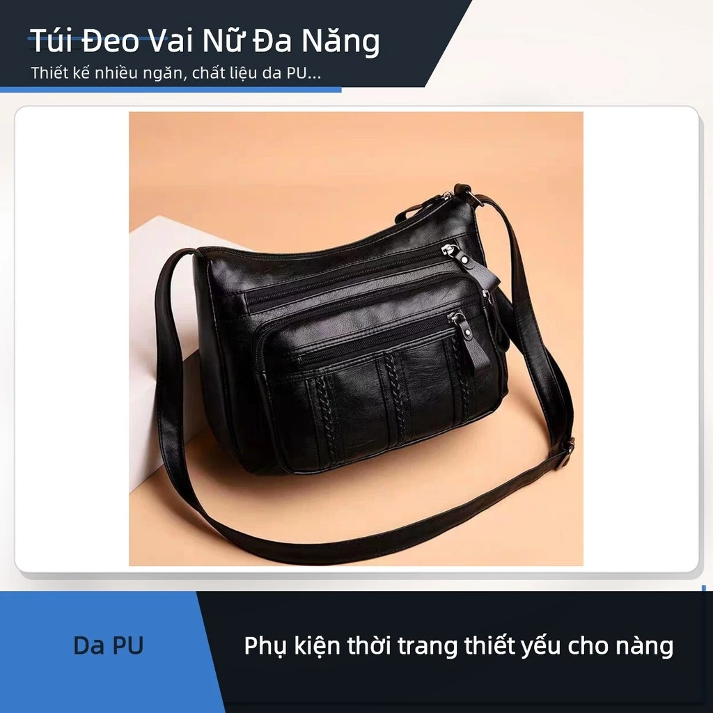 Túi Đeo Vai Nữ Da PU Đen Nhiều Ngăn Khóa Kéo Phong Cách Đơn Giản ✨deerlu05.vn✨