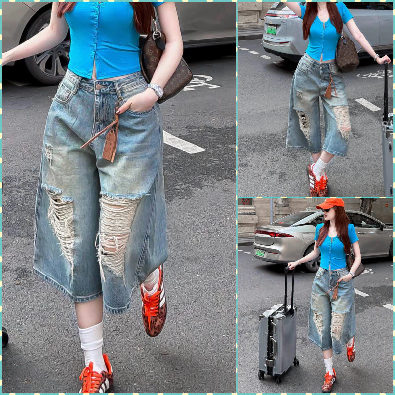 QUẦN JEANS NGỐ LỬNG NỮ RÁCH 2 MẢNG VUÔNG ĐÙI TO MÀU XANH BỤI VÀNG LAI CUỐN CÁ TÍNH CHẤT CHƠI WSHJ50