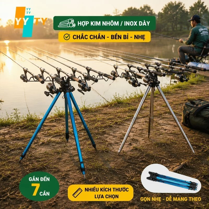 Giá Đỡ Cần Câu Tam Giác Cắm Đất Hợp Kim Nhôm Dày Điều Chỉnh Dài Gọn Móc Treo Tạ