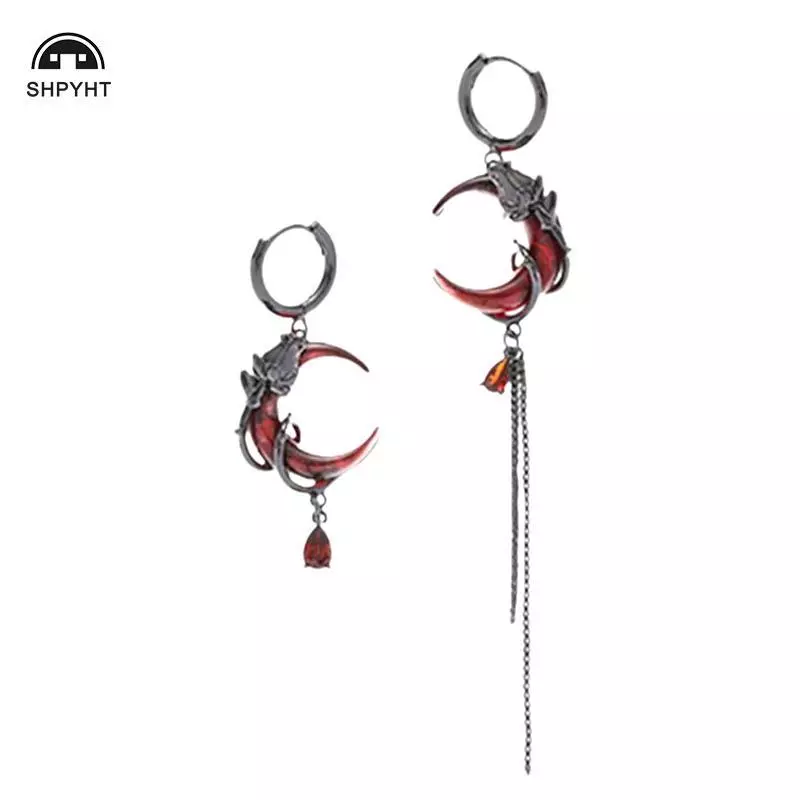 [SHPYHT] 1 Cái / Cặp Bông Tai Bất Đối Xứng Trăng Đỏ Cá Tính Hip- Gothic Mở Nhẫn Cá Tính Cá Tính Dây Xích sel Bông Tai Trang Sức Quà Tặng Mới