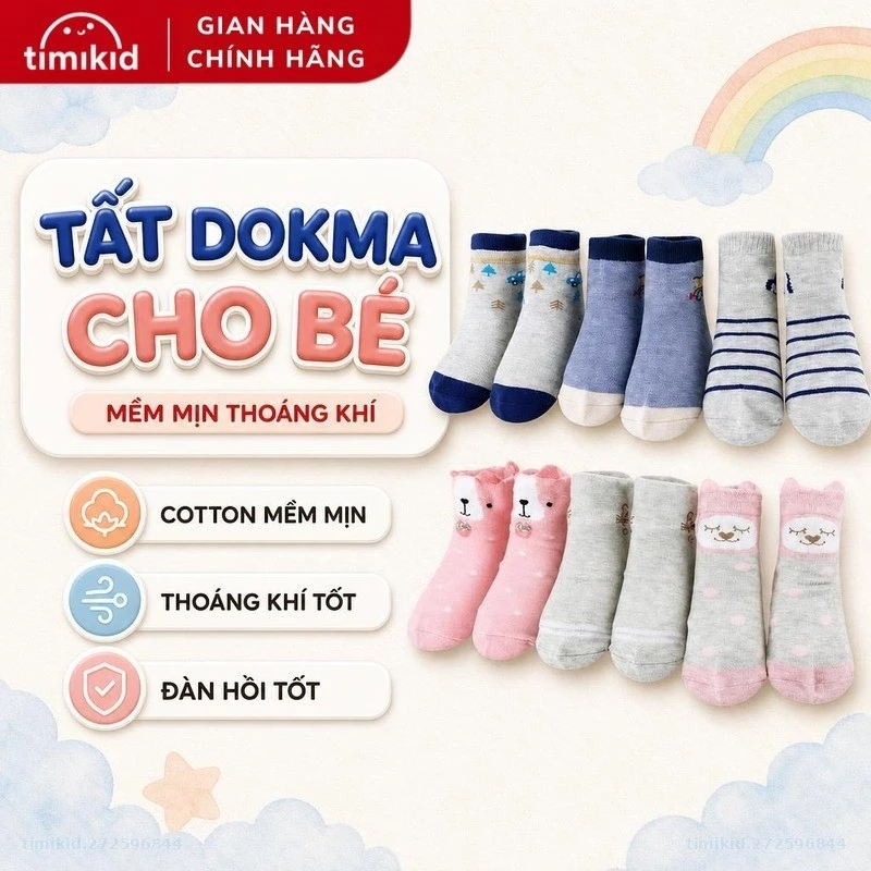 Set 3 Đôi Tất DOKMA Cho Bé Từ 0-8 Tuổi - Vớ Trẻ Em Cotton Mềm Mịn