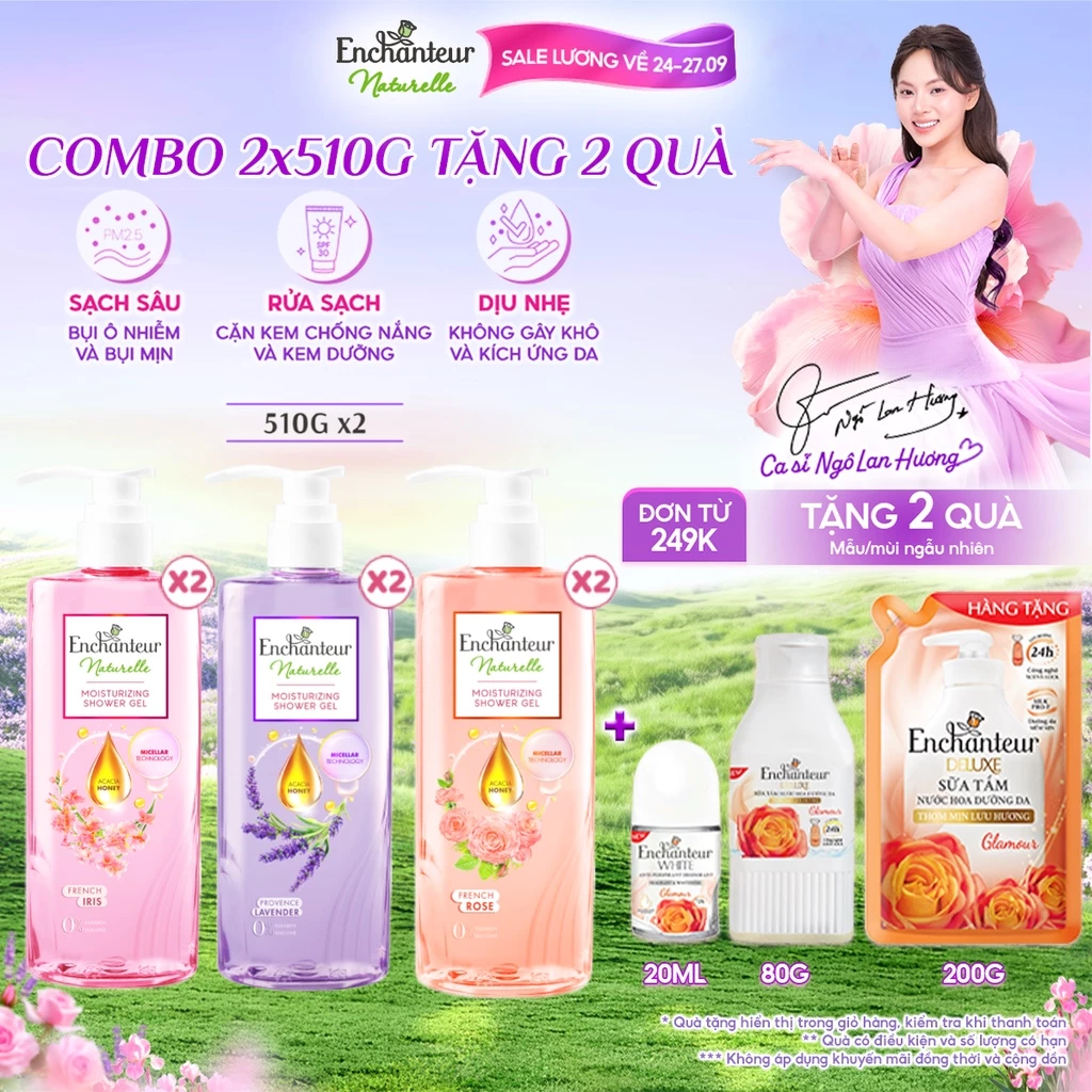 Combo 2 Sữa tắm dưỡng da thiên nhiên Pháp Enchanteur Naturelle hương hoa Lavender/Iris/Rose da thơm mịn sức sống 510g