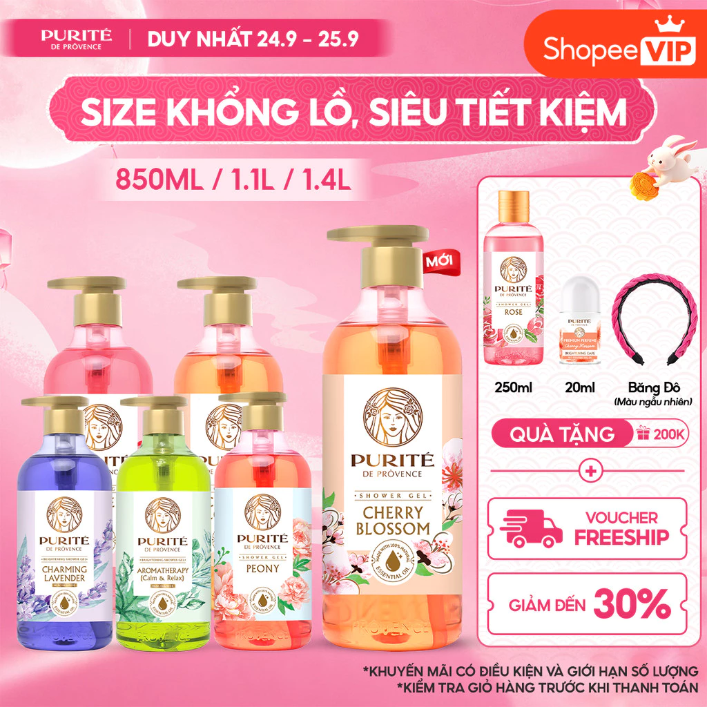 [SVIP] [CÓ SIZE TO 1.4L] Sữa Tắm PURITÉ Hoa Anh Đào/Hoa Hồng/Hoa Oải Hương/Hoa Mẫu Đơn/Tinh Dầu Thơm 850ML/ 1.1L/ 1.4L