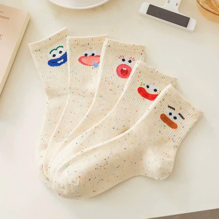Sét 10 Đôi Tất Vớ Cotton Cao Cổ In Khuôn Mặt Vui Nhộn, Phong Cách Hàn Quốc cho Nữ