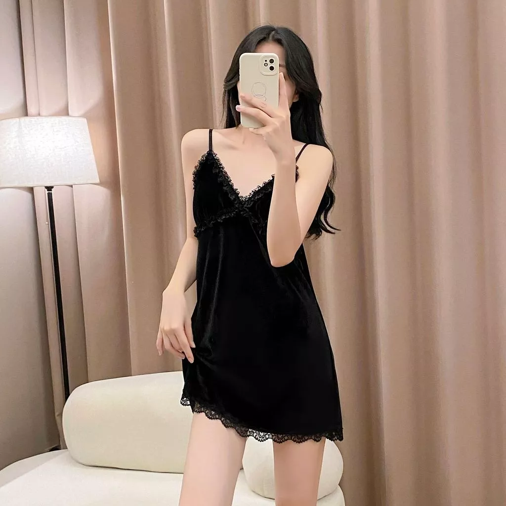 Váy ngủ nữ bằng nhung có viền ren và dây đeo, đồ ngủ gợi cảm cho mùa HÈ, phong cách mới thuần khiết gợi