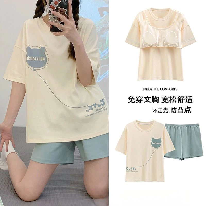 Bộ đồ ngủ mùa hè nữ có đệm ngực tích hợp, quần short tay ngắn, ngọt ngào và dễ thương, phong cách giản dị