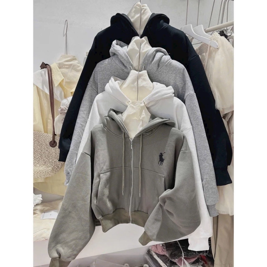 ÁO KHOÁC NỈ LỬNG NỮ CROPTOP THÊU CHÚ NGỰA CÓ NÓN CHỐNG NẮNG - ht XSTT FASHION