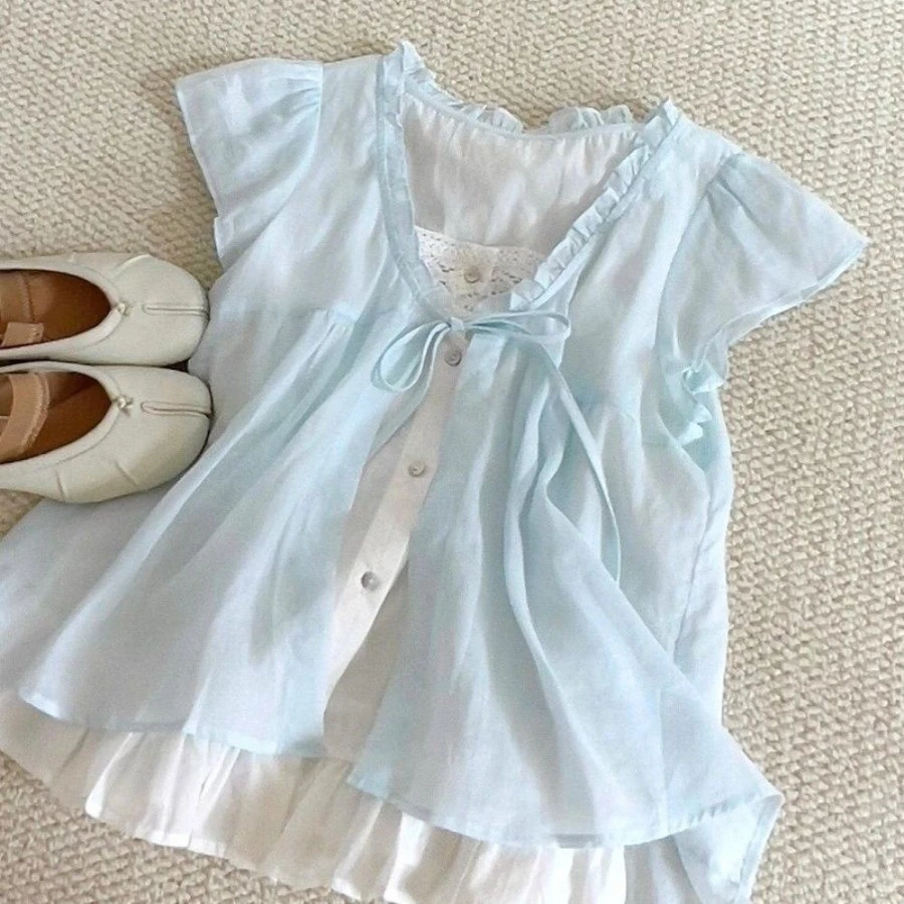 Áo Sơ Mi Kiểu Tông Màu Xanh Pastel May Liền Hai Lớp Phong Cách Coquette Tay Áo Ngắn