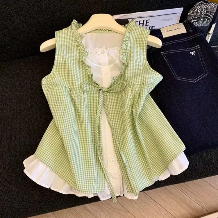 [Pre-Order]-Áo sơ mi giả hai mảnh kẻ caro phong cách mùa hè dành cho nữ, bộ sưu tập, có nơ và viền bèo nhún.