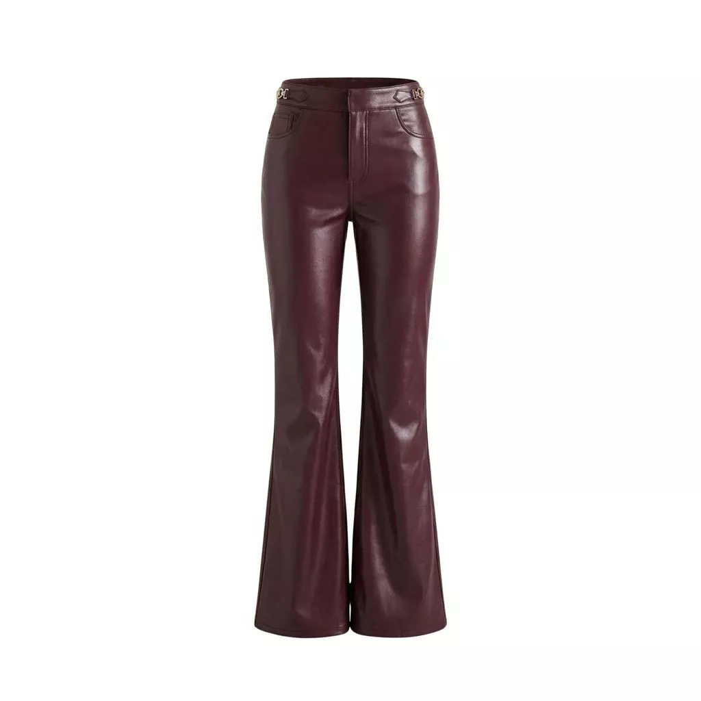Quần Giả Da Nữ Cao Cấp Burgundy Cạp Cao Loe Rộng Bóng Nhẹ Chi Tiết Khoen Vàng Sang Xỉu