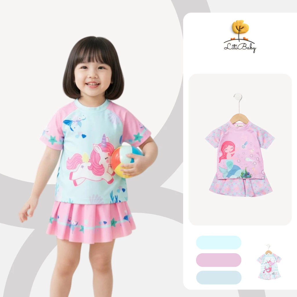 Bộ Bơi Bé Gái In Nàng Tiên Cá Dễ Thương Tay Ngắn Kèm Chân Váy LITIBABY cho bé từ  2-10 tuổi TS22