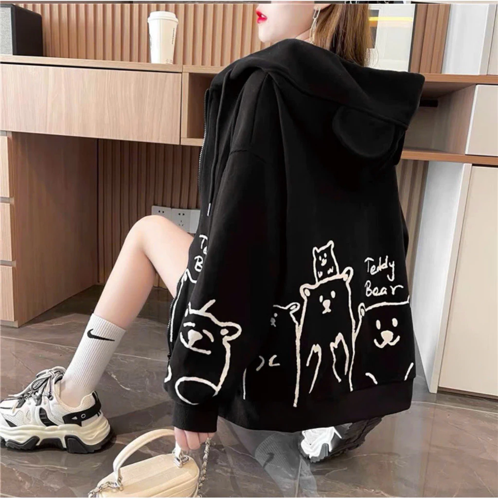 Áo Khoác Nỉ Nữ Form Rộng Họa Tiết Gấu Teddy Bear Phối Khóa Kéo Kèm Nón XSTT FASHION