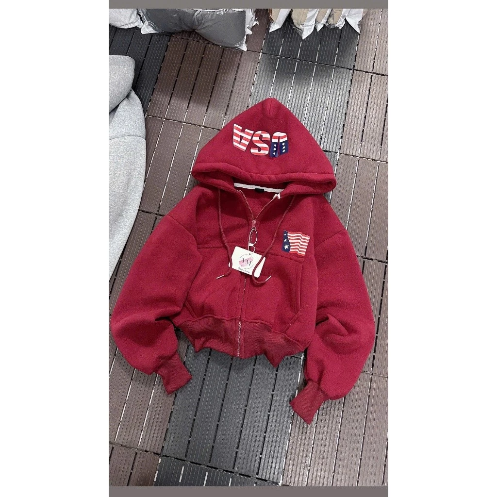 ÁO KHOÁC HOODIE NỈ LỬNG NỮ IN LÁ CỜ MỸ NÓN IN USA CÓ TÚI TRONG MẪU MỚI XSTT FASHION